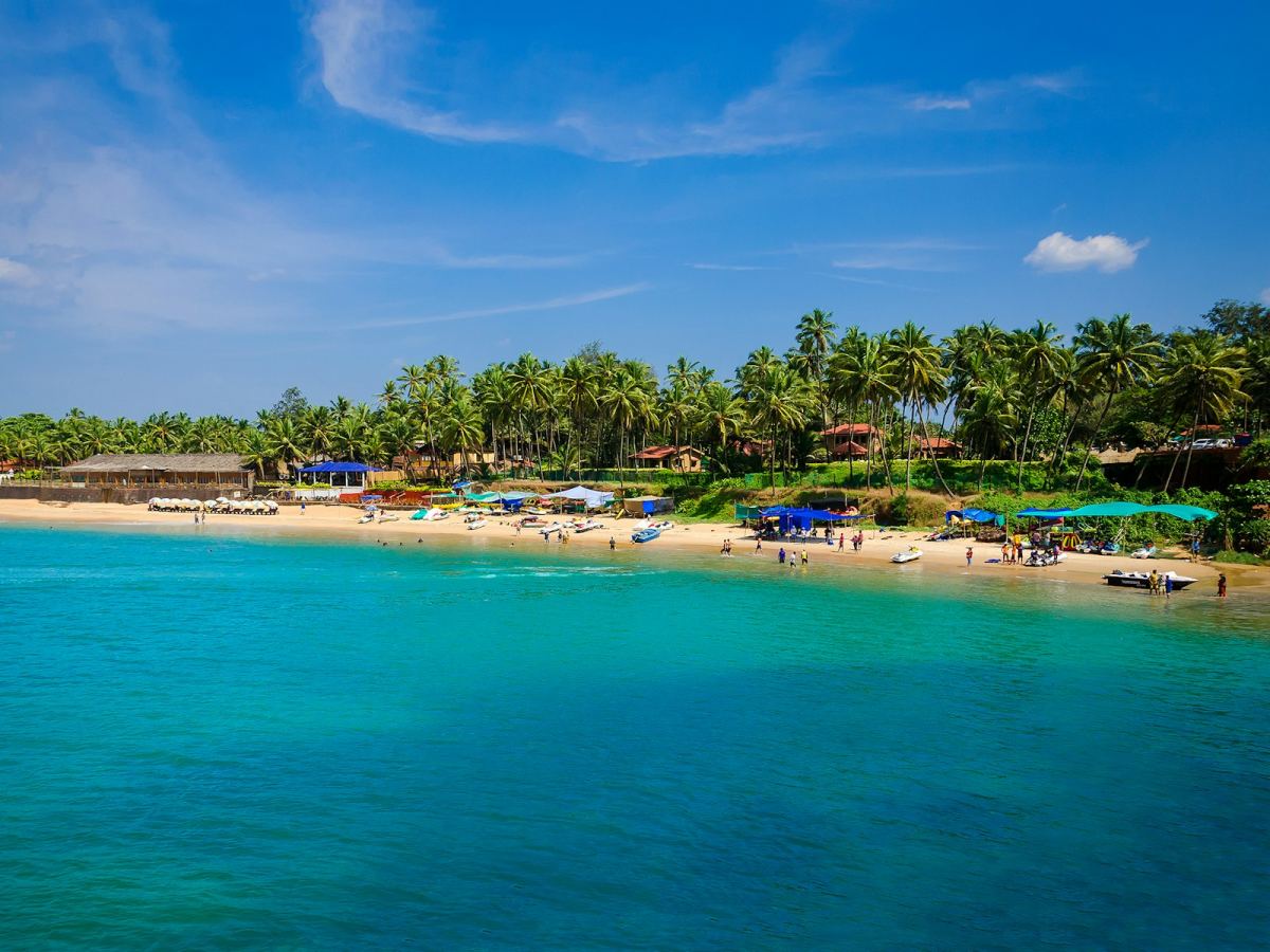 Palm-lined beach with turquoise water in Goa
